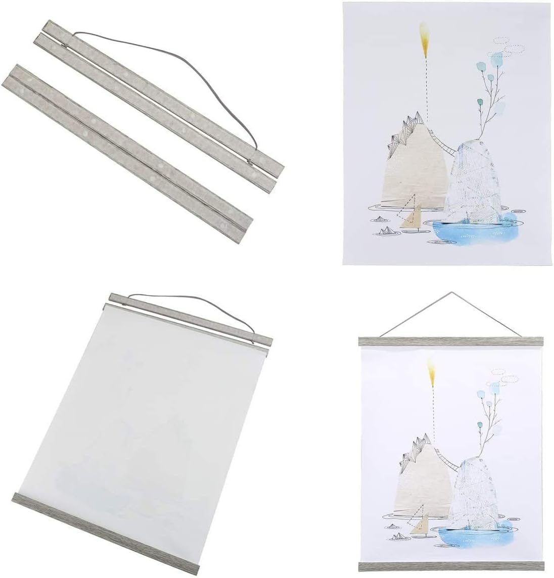 Magnetic Poster Hanger, 40x27 40x30 40x60 Poster Frame Wood Wooden Magnet Print Posters Dowel Scroll Hanger Hangers Hanging Kit for Walls Map Canvas Artwork (Grey, 40")