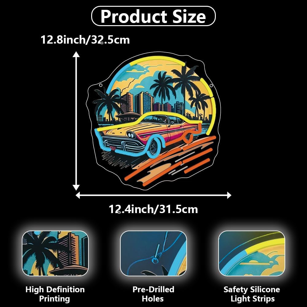 Sports Car Neon Signs for Wall Decor,Racing Car LED Signs for Bedroom,Cool UV Print Hawaiian Style Neon Sign for Boys And Girls Room,Sunset Lamp Man Cave Garage Gaming Lights Game Room Decor