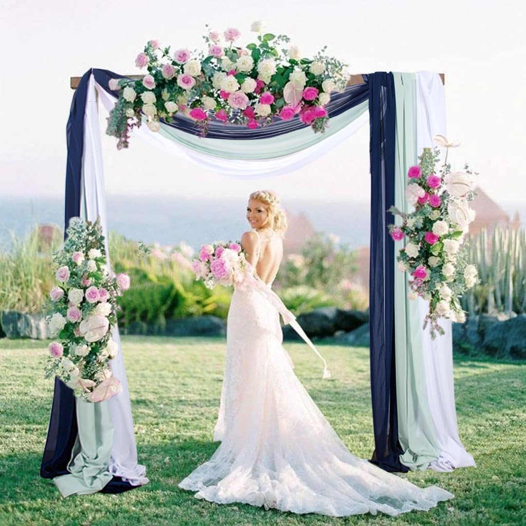 3 Panels 20Ft Chiffon Wedding Arch Drapes Navy Sheer Ceiling Drapes Romance Coast Atmospher Wedding Arch Draping Fabric Arbor Drapery Wedding Anniversary Decorations (White+Aqua+Navy)