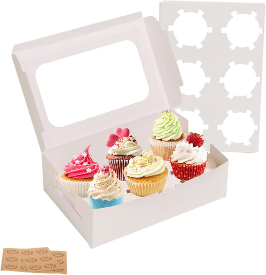 Yeplan 50 Packs Cupcake Boxes,9.4x6.1x3.14 Inches 6 Count Cupcake Box,White Cupcake Containers with Clear Window and Six Treat Holder,Pastry and Cookie Boxes,Bakery Boxes