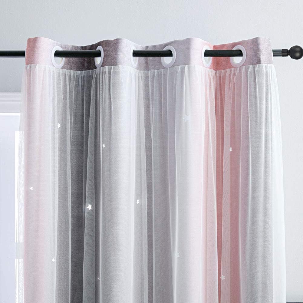 FANLI Ombre Rainbow Blackout Curtains for Kid Girls Bedroom Living Room Darking Stripe Double Layer Star Cut Out Wall Home Decor Gradient Grommet Window Curtains (Pink/Grey, 52W x 72L)