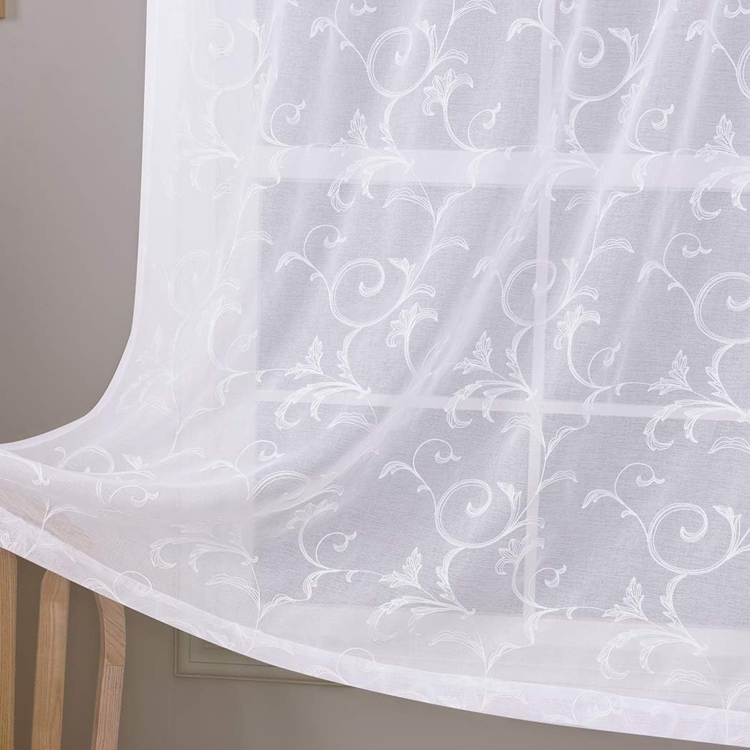 Floral Embroidery Sheer Curtains White 84 Inch Length, Rod Pocket Vintage Voile Drapes for Living room, Bedroom,Semi Crinkle Curtain Panels for Patio, Villa, Set of 2, 52"x 84". (52"Wx84"L, White)