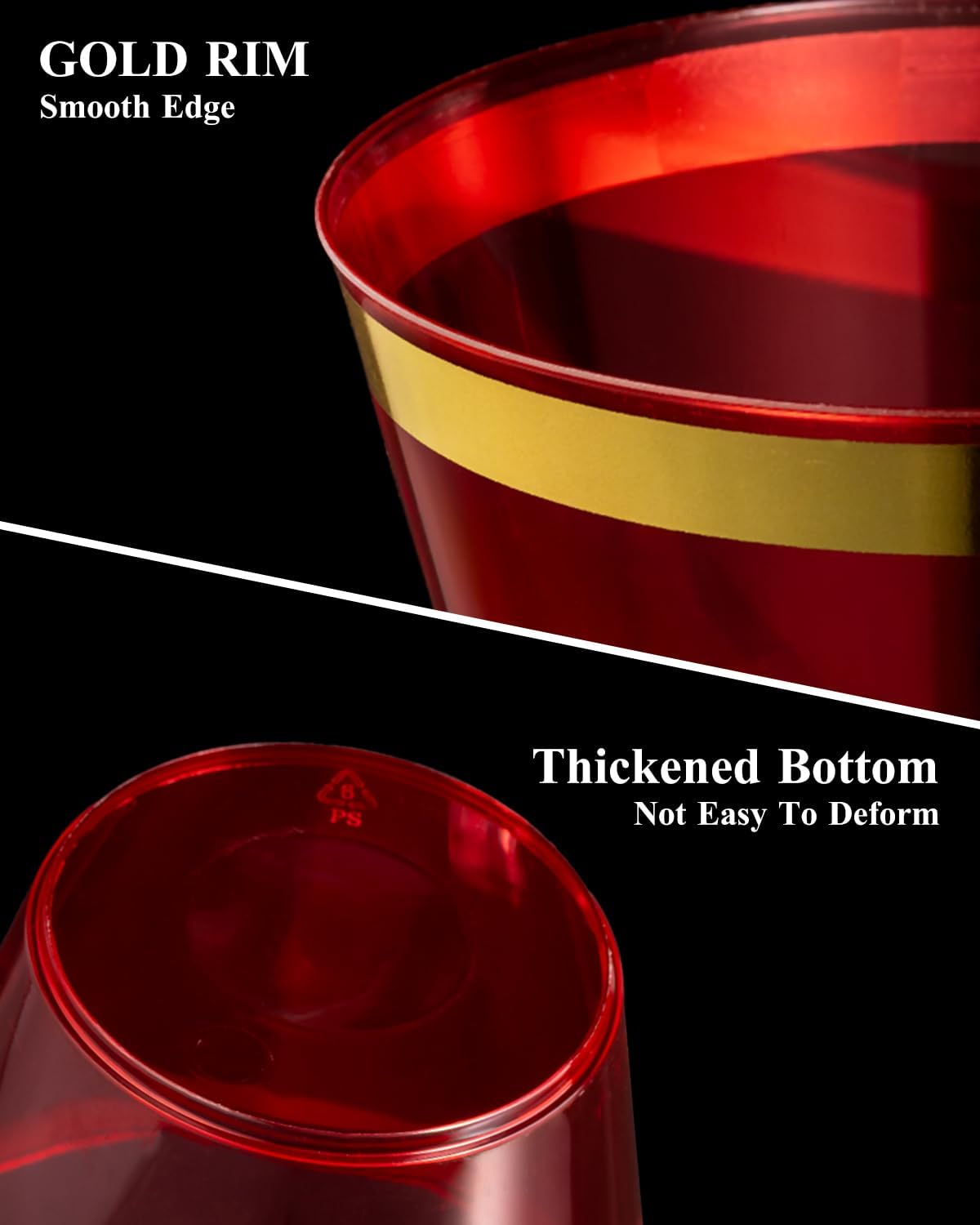 Goodluck 50PCS 9oz Red and Gold Plastic Cups for Party, Disposable Gold Rim Cups, Plastic Cocktail Glasses for Wedding Thanksgiving, Christmas, and Parties
