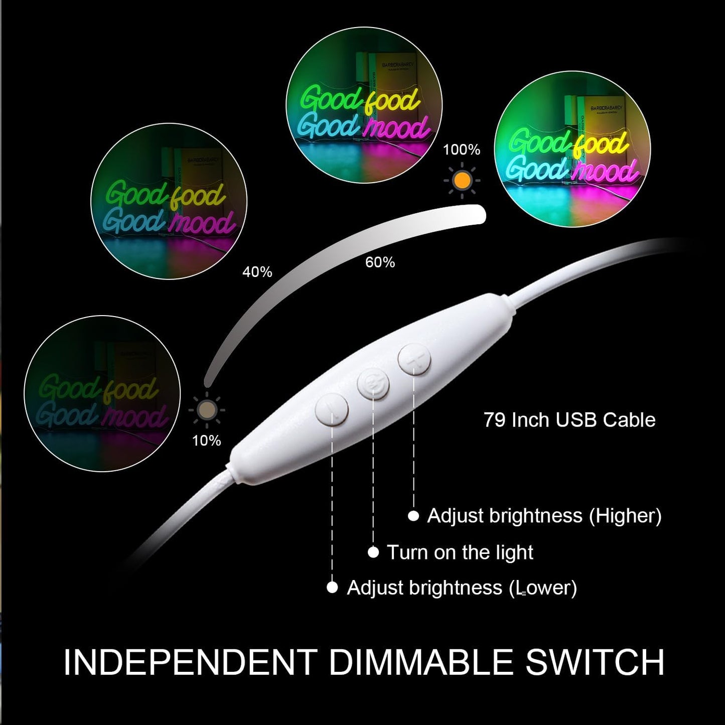 Looklight Good Food Good Mood Neon Sign,Letter Neon Signs for Wall Decor,Colorful Dimmable Neon Lights,USB Led Neon Signs for Kitchen Fast Food Shop Cafe Restaurant Store