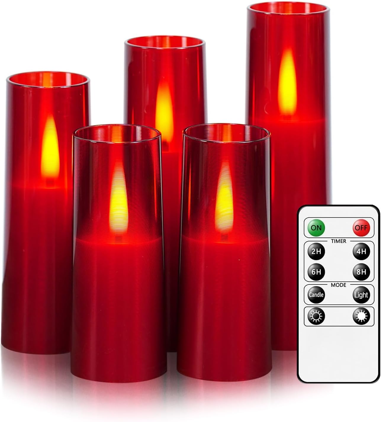 Flameless LED Candles, Upgraded Realistic Flickering Flame Battery Operated Candles with Remote Timer, Acrylic Electric Set of 5 for Romantic Ambiance and Home Decoration（Red）