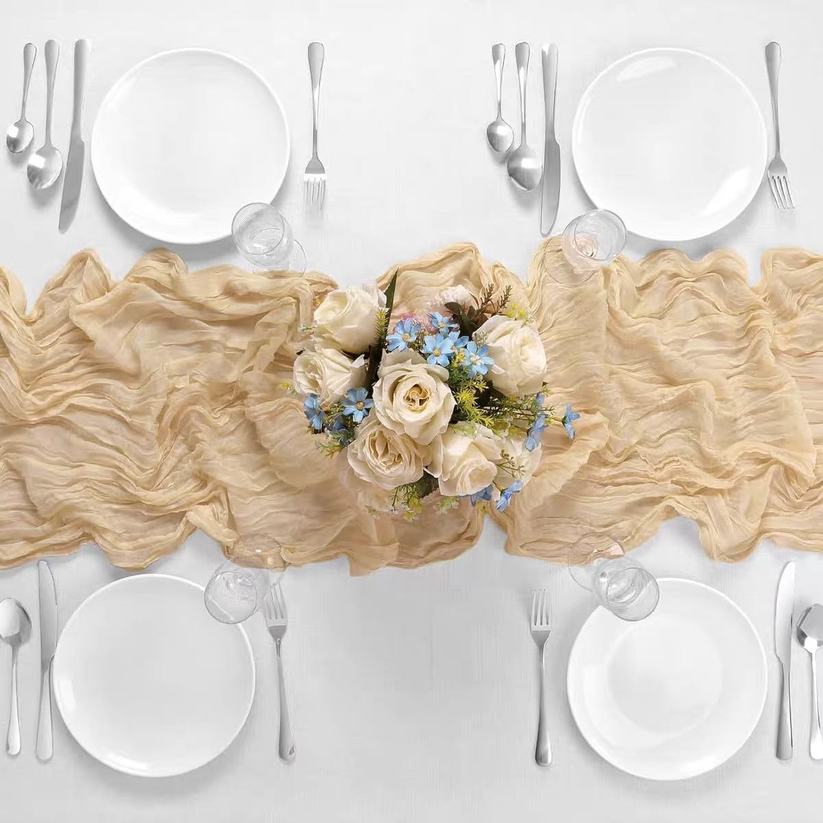 8 Pack 10Ft Beige Boho Gauze Cheesecloth Table Runner Long Wrinkled Sheer Romantic Table Cloths for Wedding Bridal Shower Birthday Party Table Decor