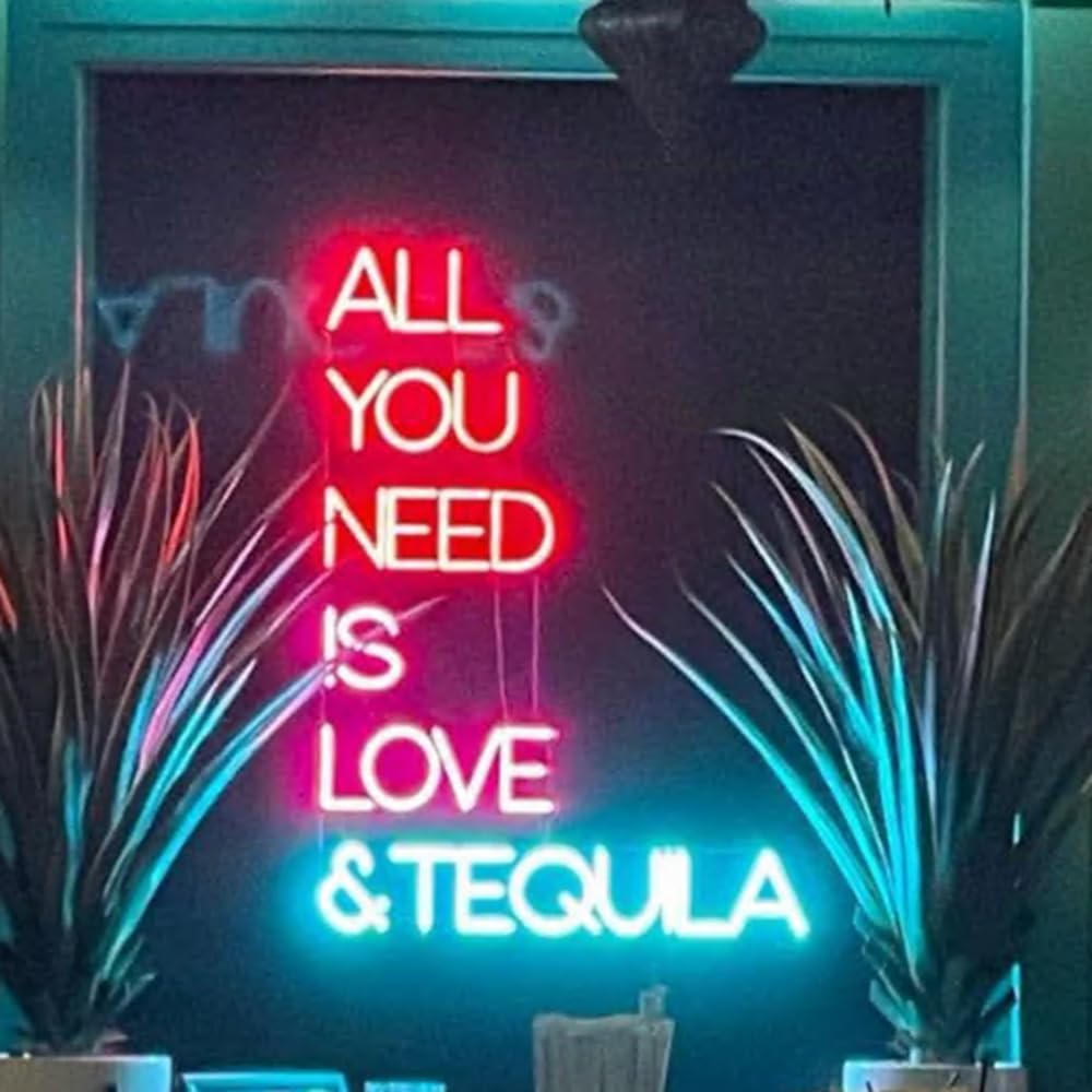 All You Need Is Love & Tequila Neon Sign, Custom Bar Neon Light Home Bar Cocktail Wall Decor Quote Tequila Alcohol Sign USB Size:14x10inch