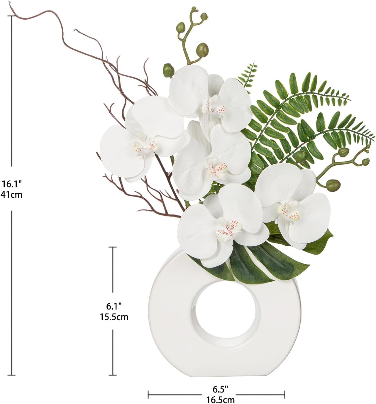 Briful Orchid Artificial Flowers 16.1'' White Orchid Silk Flowers with Ceramic Vase Faux Orchid Arrangement for Home Office Table Centerpiece Indoor Decoration