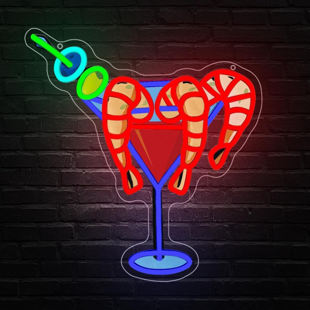 Cocktails Drinks Neon Signs for Wall Decor,Shrimp LED Neon Sign for Cocktails Bar Art Wall Lights,Adjustable Brightness Drinks Neon Sign for Beer Bar Decor,Restaurant,Pub Party,Night Club,Business