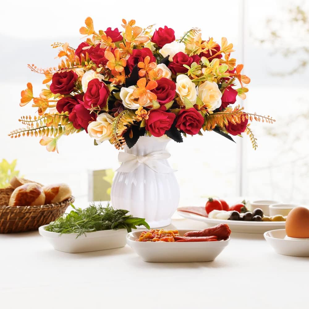 LESING Artificial Fake Flowers with Vase Silk Artificial Roses Wedding Flowers Bouquets Home Office Party Meeting Room Decoration (Red-1)