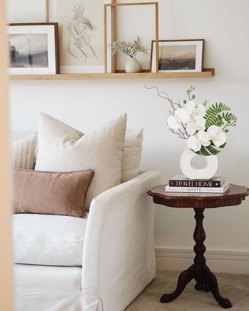 Briful Orchid Artificial Flowers 16.1'' White Orchid Silk Flowers with Ceramic Vase Faux Orchid Arrangement for Home Office Table Centerpiece Indoor Decoration