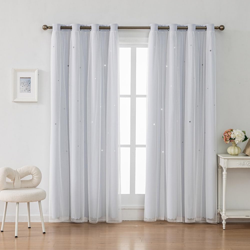 Ombre Rainbow Blackout Curtains for Kid Girls Bedroom Living Room Darking Stripe Double Layer Star Cut Out Wall Home Decor Gradient Grommet Window Curtains (Greywish White 72)