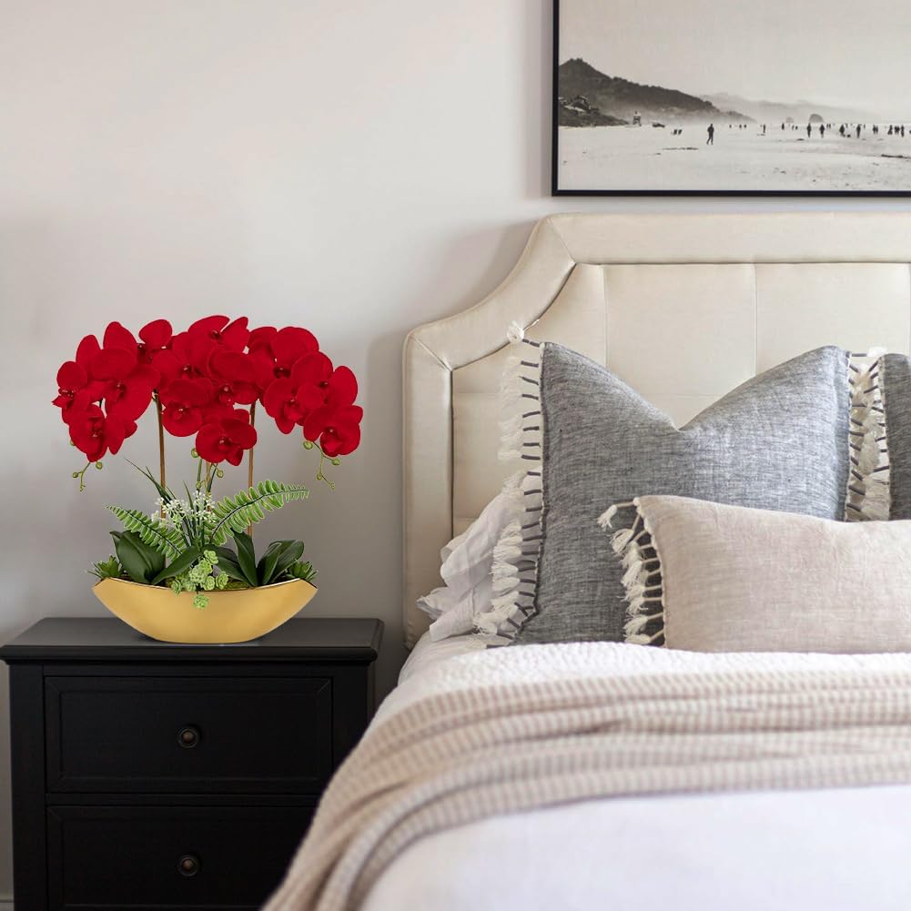 Briful Orchid Artificial Flowers 18in Red Fake Orchid Silk Flowers with Gold Ceramic Vase Faux Phalaenopsis Arrangement for Home Office Room Dining Table Centerpiece Modern Decor