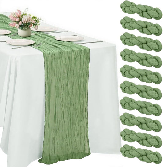10 Pack Olive Green Cheesecloth Table Runner -21*120Inch Long Boho Wedding Table Decor, Rustic Gauze Fabric Runner for Bridal Showers, Baby Showers & Parties (Sheer, Lightweight, Wrinkled Design)