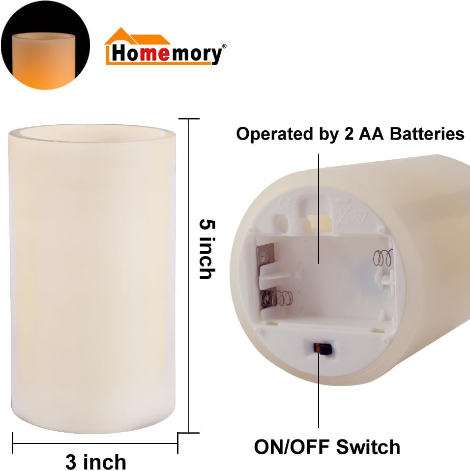 Homemory 5"x3" Wax Flameless Candles, Battery Operated LED Pillar Candles with Remote Control & Timer, Amber Yellow Flickering Light for Party, Wedding, Festival, Ivory, Indoor Only, Set of 2
