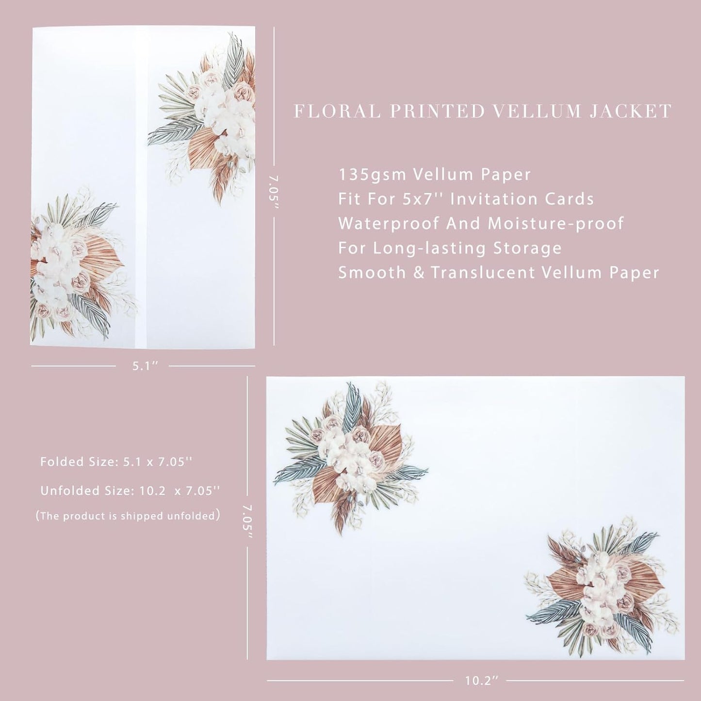 PONATIA 50PCS Vellum Jackets for 5x7 Invitation Cards- 135GSM Boho Flowers Vellum Sleeves Paper - Wedding Invitations Wraps - Transparent Card Jacket