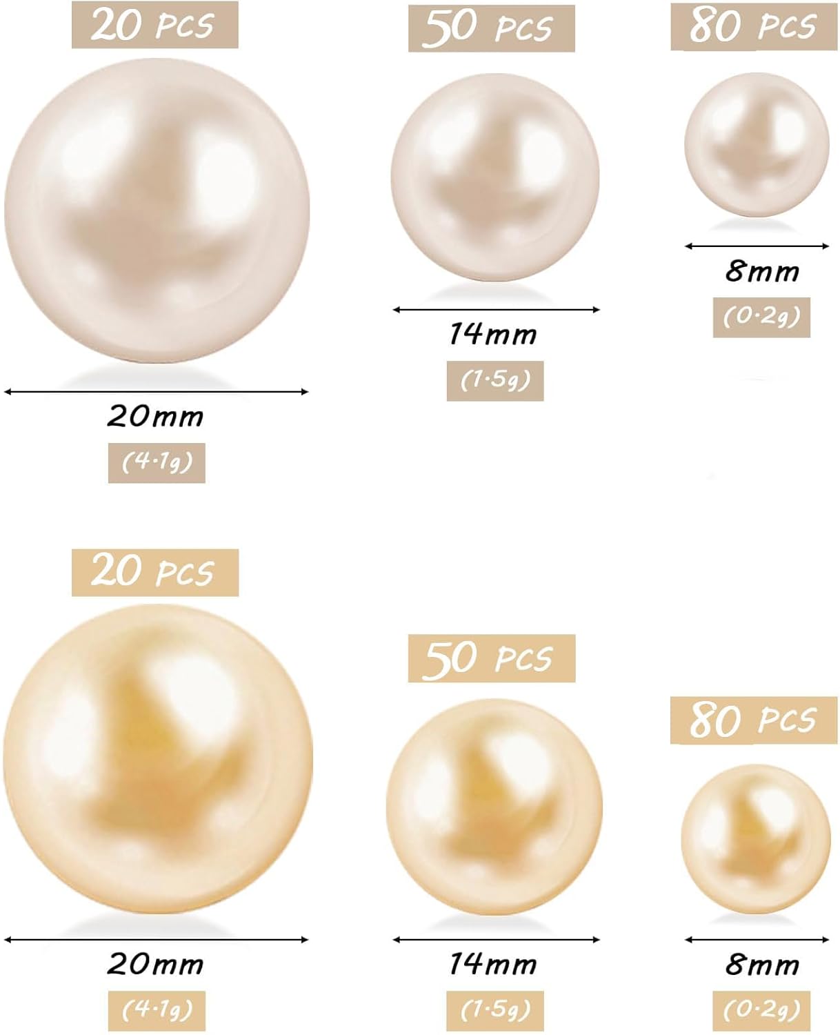 300Pcs Cream&Gold Polished No Hole Faux Pearl Beads for Vase Filling Decorations, Plastic Pearls Vase Fillers, Table Scatters, Wedding Centerpiece, Home Decor, 8/14/20 mm