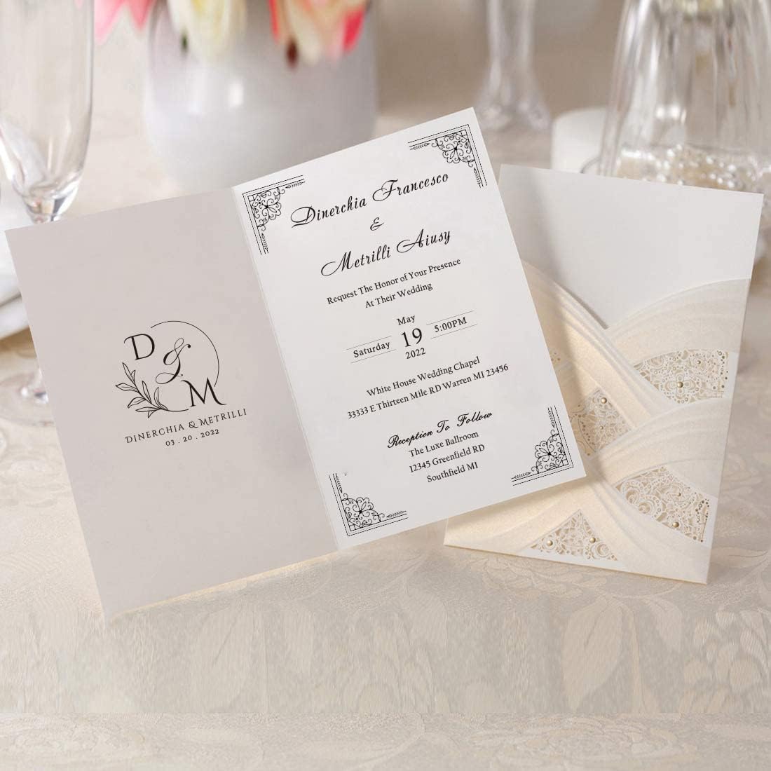 Hosmsua 50PCS Customized Ivory Wedding Invitations Kit 5.12x7.2 Inch Laser Cut Gold Foil Hollow Flora Lace Sleeve Pocket Wedding Quinceanera Invitation with Envelopes