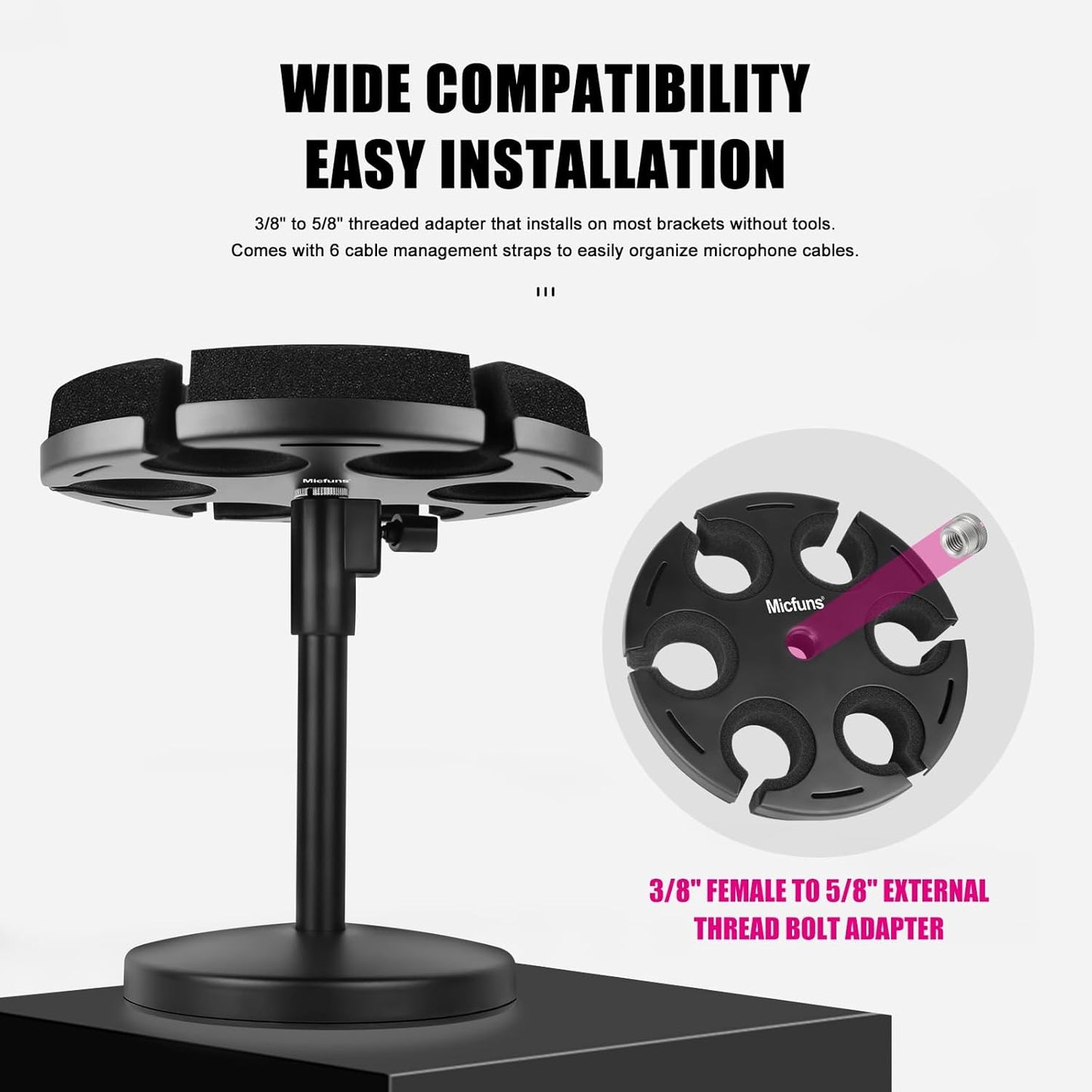 Multi Microphone Holder, Wired and Wireless Mic Holder for Stand, Hold Up to 6 Microphones, Aluminum, Black with stand (Desk)