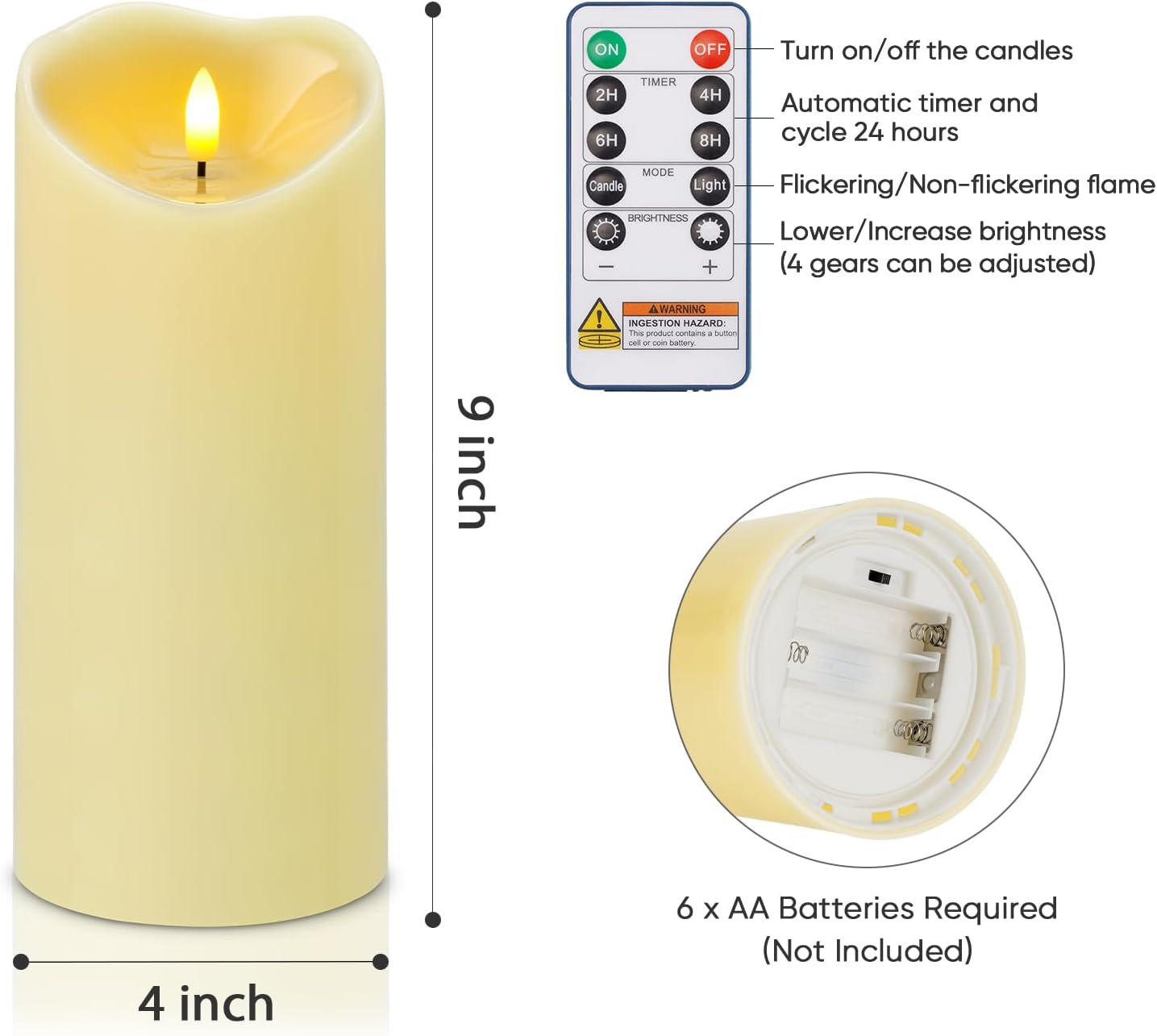 Amagic 4” x 9” Large Outdoor Waterproof Flameless Candles with Remote, Battery Operated Candles with Timer, Flickering Fake LED Pillar Candle for Patio Garden Wedding Decor, Dark Ivory, Set of 2