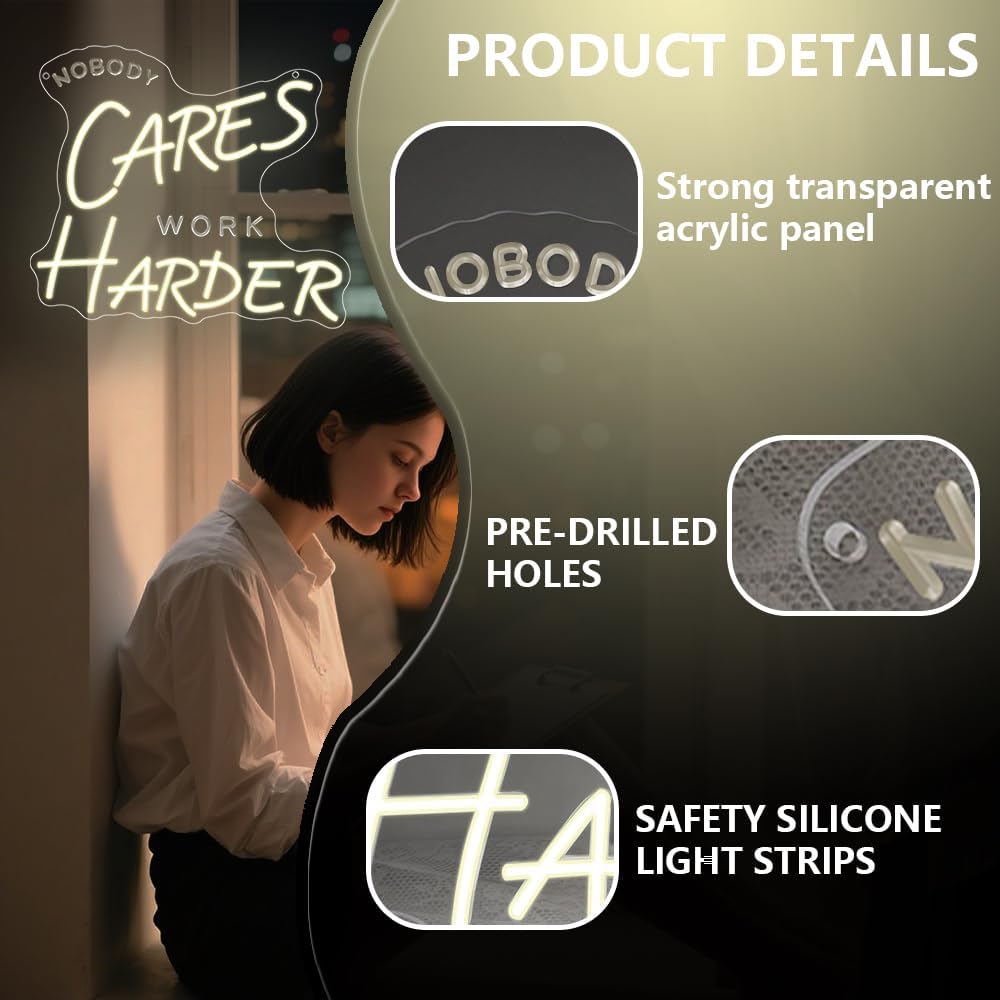 Nobody Cares Work Harder Neon Sign,Motivational Dimmable LED Light Signs for Wall Art Decor,Backdrop for Office Study Room Gym Bedroom Man Cave,Gift for Teen USB Powered（13.8"*11.9"）