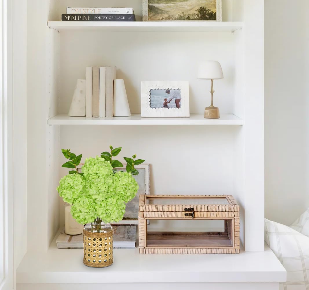 Hollyone Green Hydrangea Artificial Flowers in Woven Glass Vase with Faux Water Silk Hydrangeas Fake Flowers Floral Arrangement for Home Indoor Bathroom Kitchen Office Table Centerpiece Shelf Decor