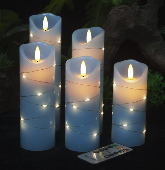 danip LED Flameless Candle with Embedded Star String, 5 Piece LED Candle with 10 Button Remote Control, 24 Hours Timer Function, Dancing Flame, Real Wax, Battery Powered. (Sky Blue)