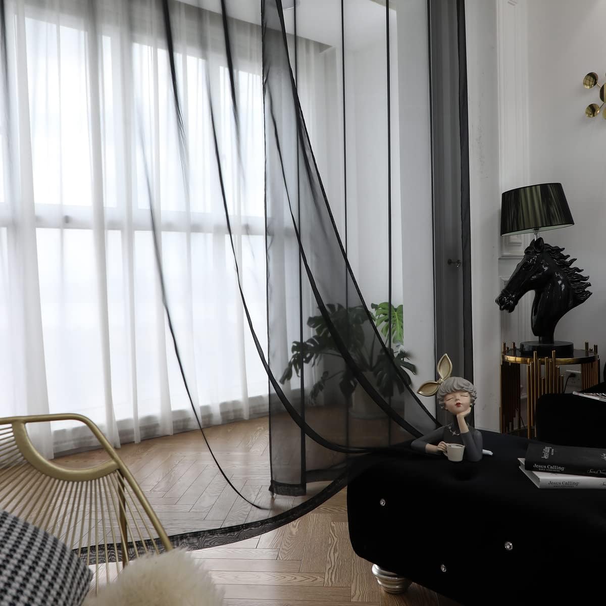 Window Black Sheer Curtains 90 Inches Long 2 Panels Sheer Curtain Basic Rod Pocket Panel for Bedroom Children Living Room Yard Kitchen (Black, 52" W x 90" L | 2 pcs)
