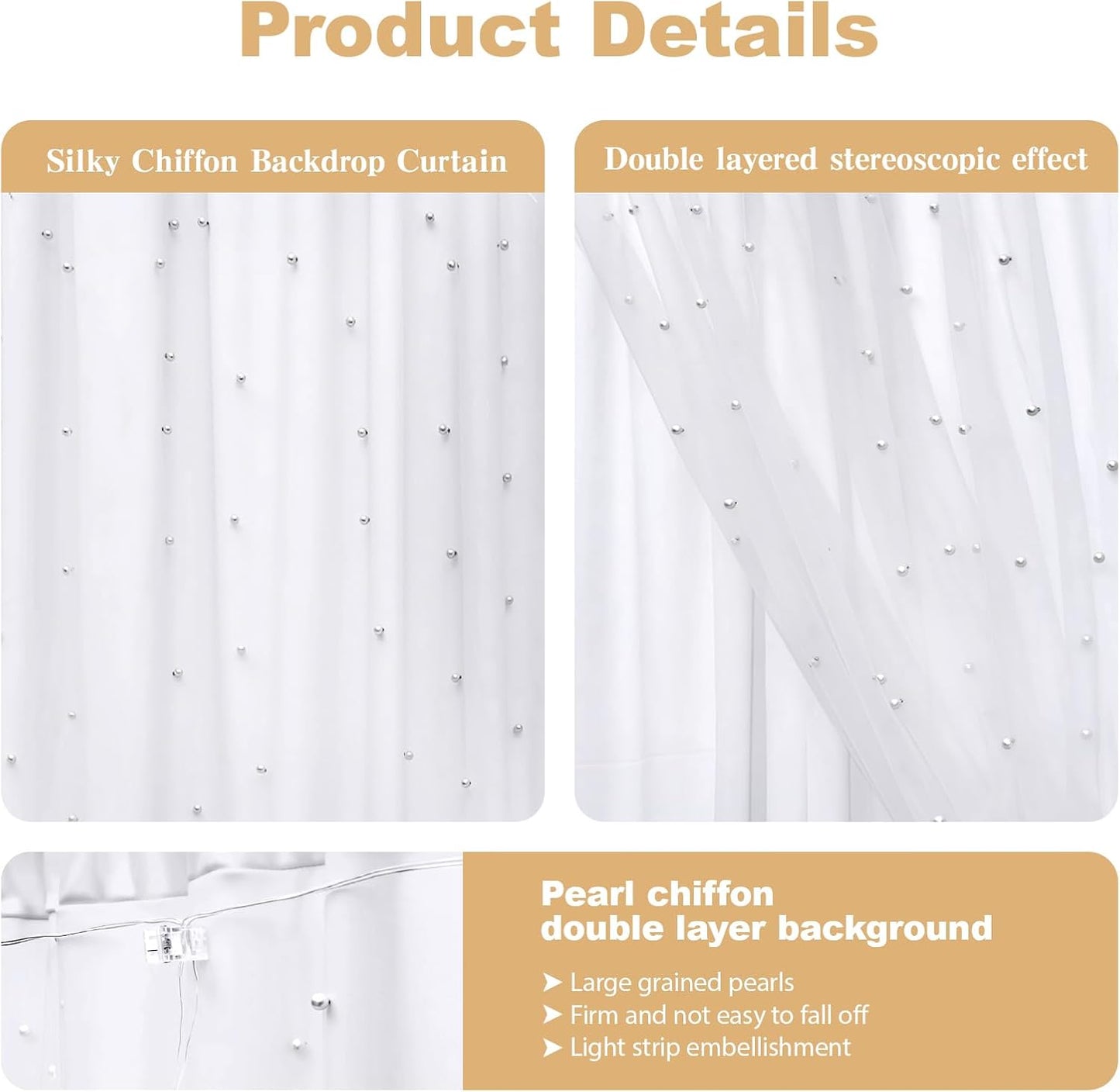 10 * 8FT White Pearl Tulle Double Layered Backdrop Curtain with Lights String and Lining Fabric for Wedding Baby Shower Birthday Parites Photo Decorations