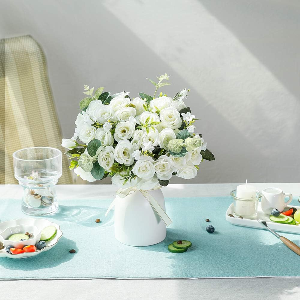 LESING Artificial Silk Rose with Vase Fake Flowers Wedding Flowers Bouquets Arrangement Home Office Party Centerpiece Table Decoration (White)