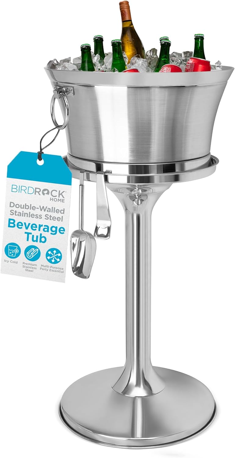 BIRDROCK HOME Metal Beverage Tub w/Stand, Scoop & Bottle Opener - Stainless Steel Double Wall Ice Cooler - Large Drinks, Beer, Wine, Champagne Chiller Buckets w/Holder for Parties - Silver Container