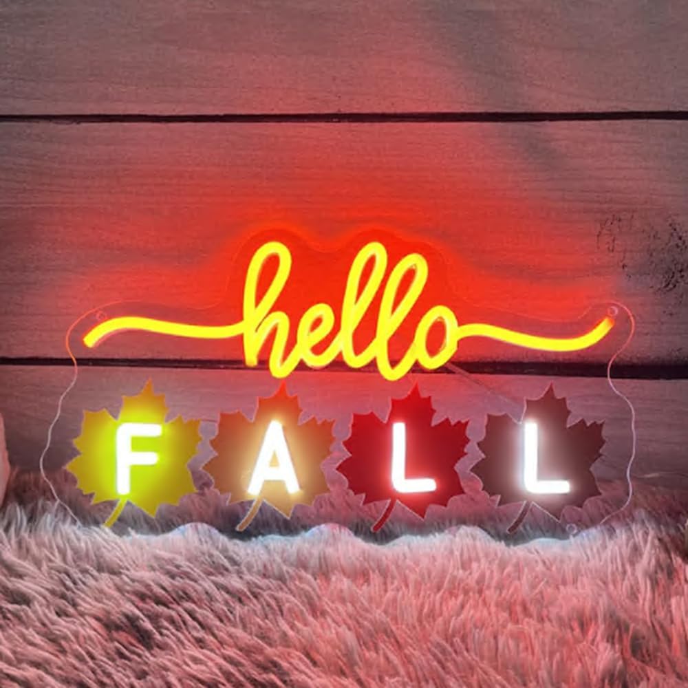 Hello Fall Leaves LED Neon Sign, Fall Home Bedroom Decor Neon Light UV Printing Autumn Party Garden Sign Thanksgiving Door Wall Décor Size:18x 9inches