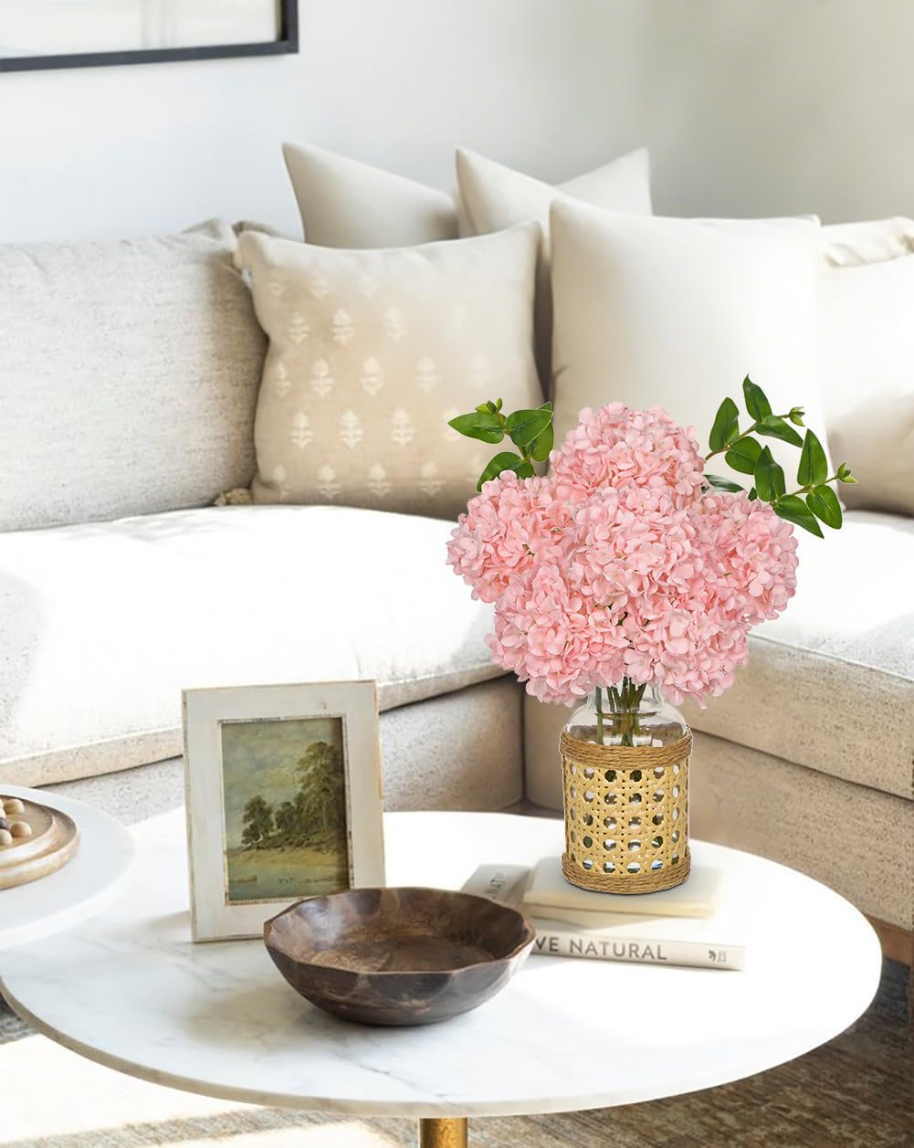 Hollyone Pink Hydrangea Artificial Flowers in Woven Glass Vase with Faux Water Silk Hydrangeas Fake Flowers Floral Arrangement for Home Indoor Bathroom Kitchen Office Table Centerpiece Shelf Decor