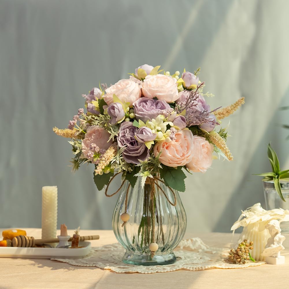 Artificial Peonies Silk Flowers Bouquet in Glass Vase Faux Flowers Bouquets Modern Penoy Arrangement for Home Decoration Table Centerpiece (Bouquet-Pink Purple)