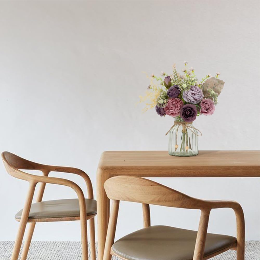 LESING Fake Artificial Flowers with Vase Faux Silk Flower Bouquet in Glass Vase Rose Floral Arrangements Flower for Home Office Decoration, Dining Table Centerpiece (Purple)