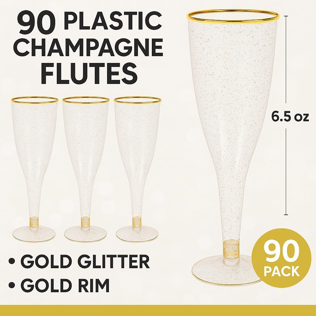 Oojami 90 Plastic 6.5 oz Disposable Champagne Flutes Ideal for Toasting Wedding Birthday Baby Showers Mimosa Cocktails Parties, 6.5 Ounces (Gold Glitter With Gold Rim)