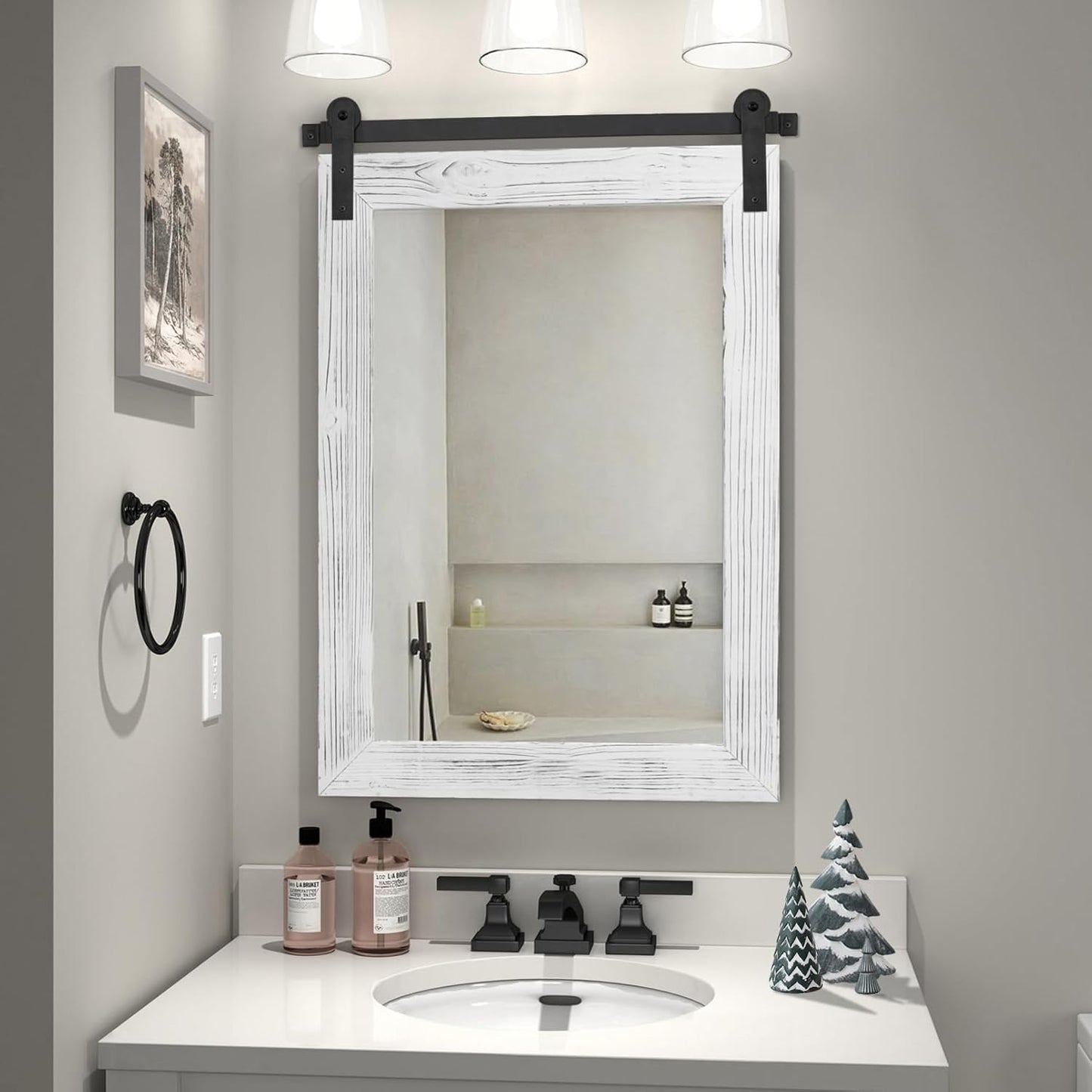 COGOOD Farmhouse Bathroom Mirror - 30 x 21 Rustic Wood Framed Wall Barn Door Mirror for Entryway, Living Room, Vanity Wall Decor (White)