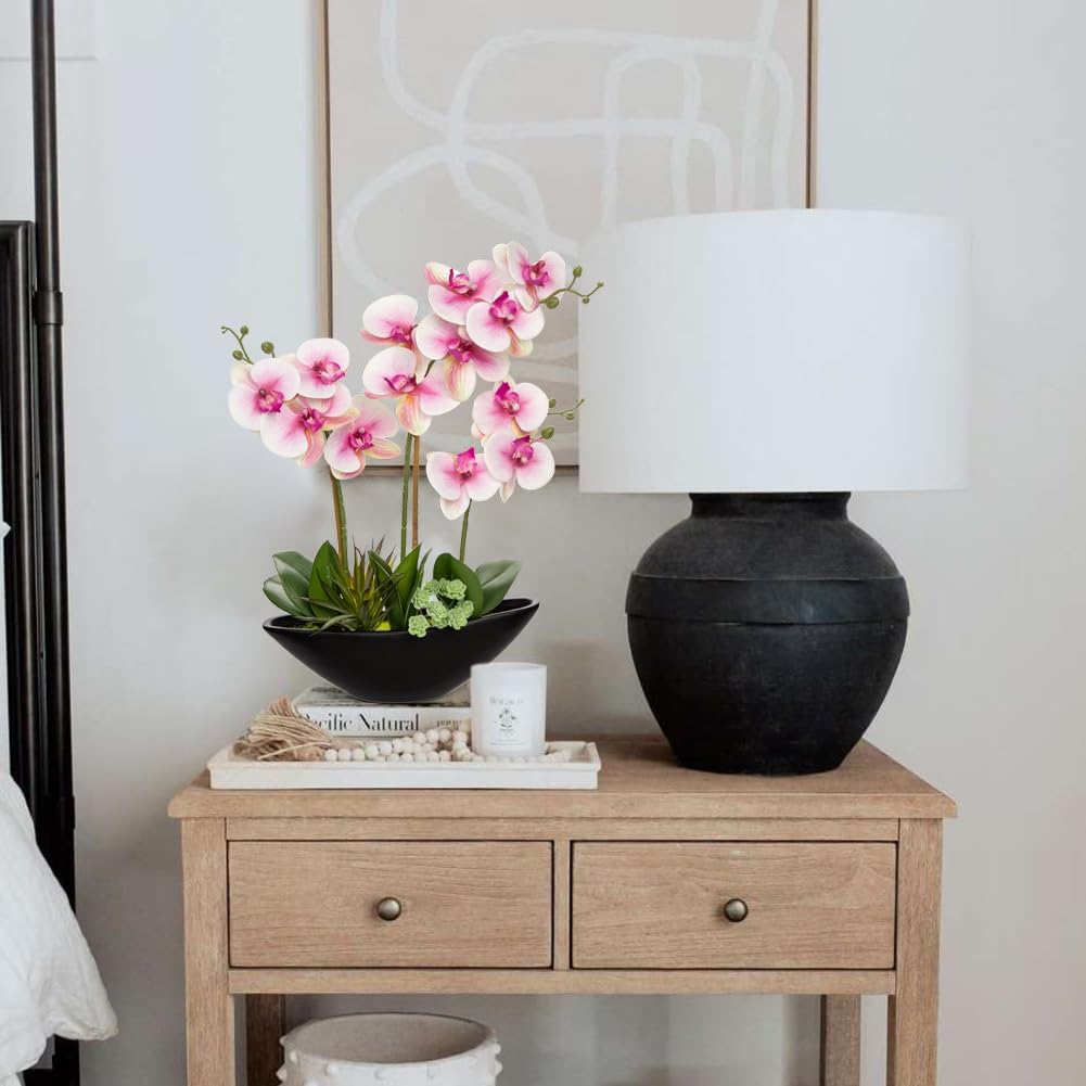 Briful Pink Orchid Fake Flowers 17in Artificial Orchid Silk Flowers in Black Pot Faux Orchid Arrangement for Home Office Bathroom Table Centerpiece Modern Decor