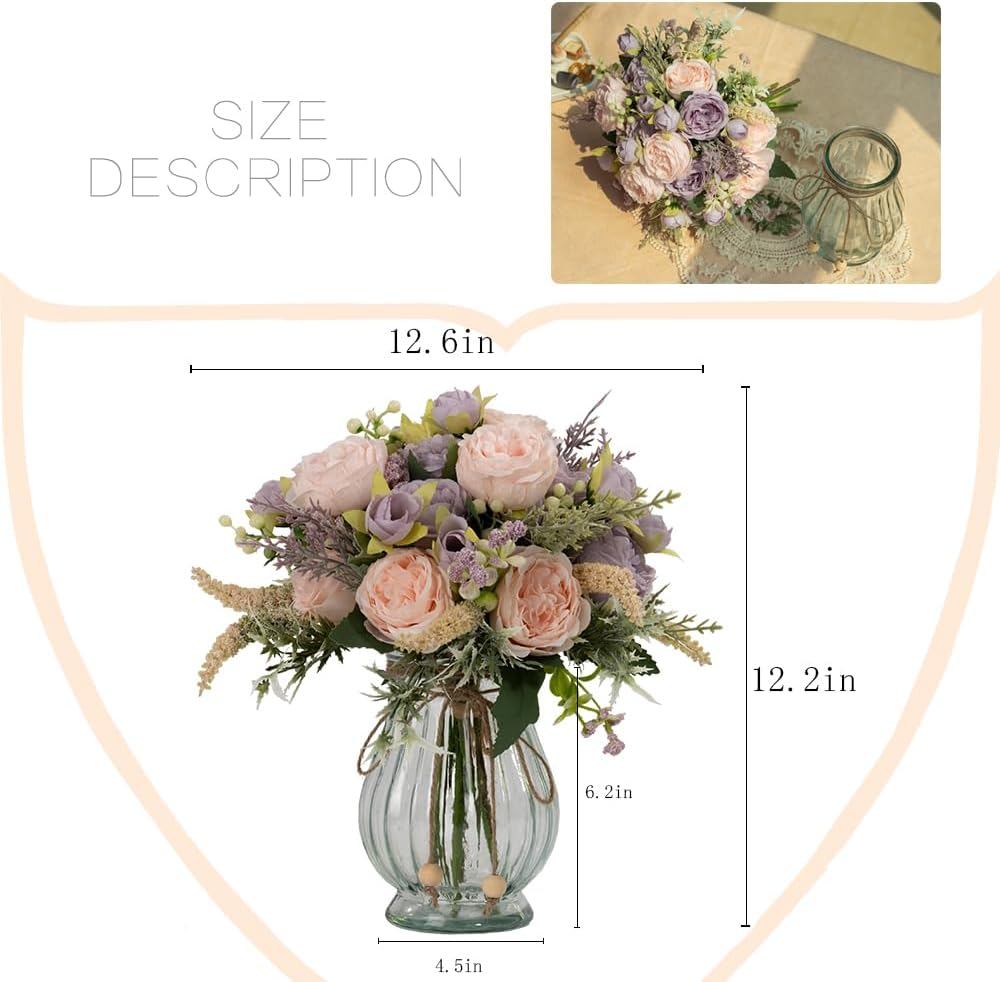 Artificial Peonies Silk Flowers Bouquet in Glass Vase Faux Flowers Bouquets Modern Penoy Arrangement for Home Decoration Table Centerpiece (Bouquet-Pink Purple)