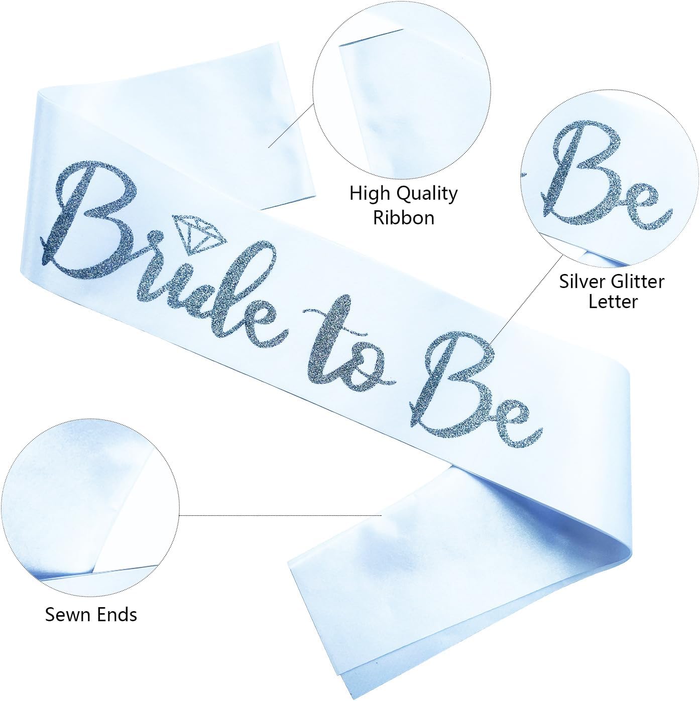 Bride to Be Sash, Bachelorette Party Sash for Bridal Shower Wedding Party Favors Accessories Supplies Engagement Gifts,White Satin with Glitter Letter Silver