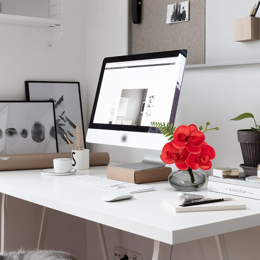 Red Orchids Artificial Flowers Faux Orchids Arrangement in Black Glass Vases Set of 3 Real Touch Phalaenopsis Orchid Flowers Small Fake Orchid Centerpiece for Dining Room Table