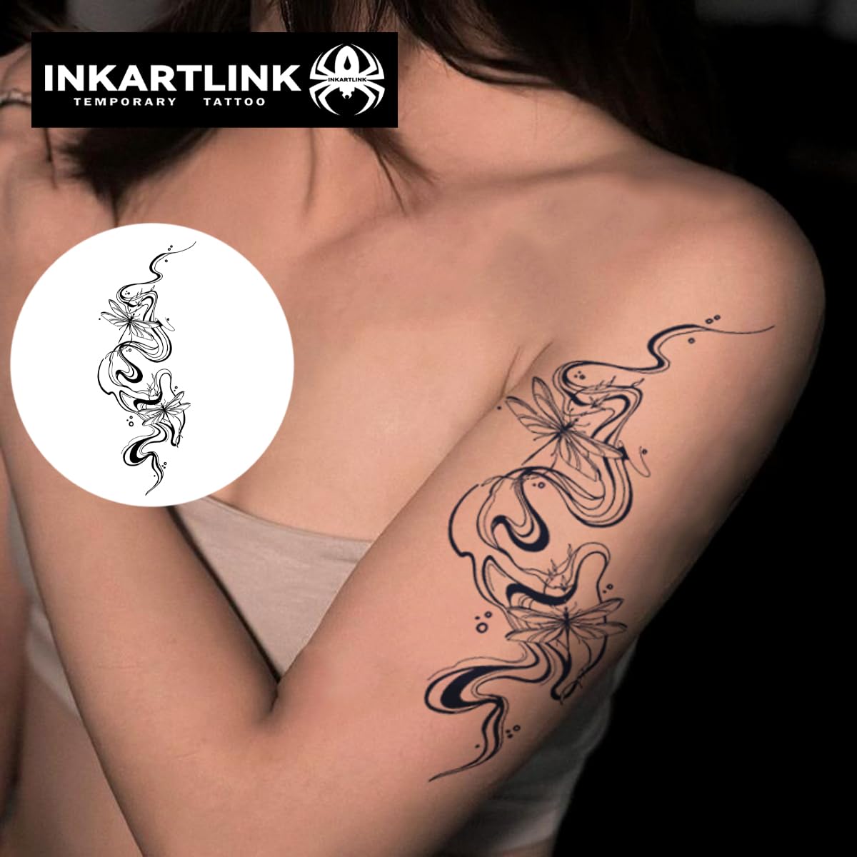 INKARTLINK Tattoo Tech, 2 Sheets Large Semi Permanent Tattoo, Temporary Tattoos, Last 1-2 Weeks, Waterproof, Realistic Look, No Adhesive, No Reflection （Flower INK Design)294
