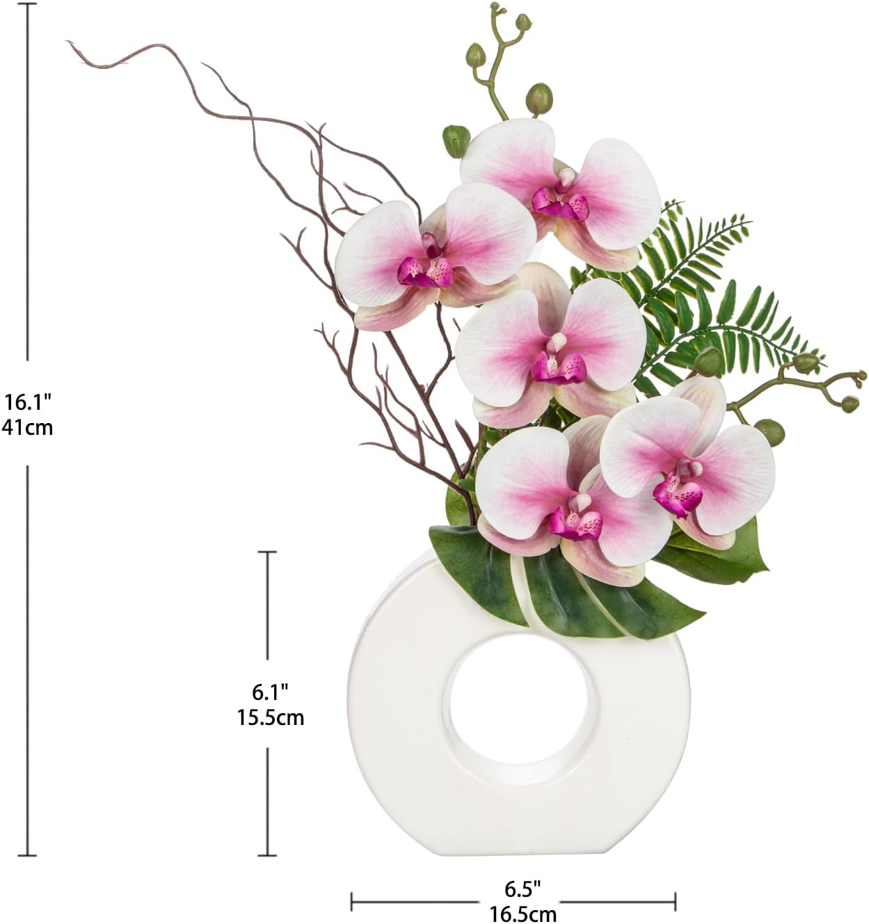 Briful Orchid Artificial Flowers 16.1'' Pink Orchid Silk Flowers with Ceramic Vase Faux Orchid Arrangement for Home Office Bathroom Table Centerpiece Indoor Decoration