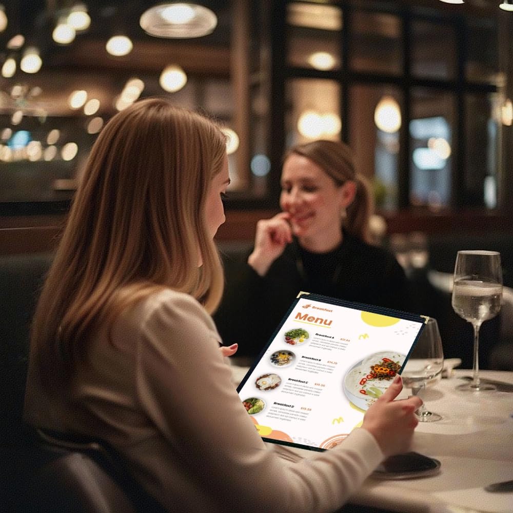 Goodsmart Restaurant Menu Covers – 25 Pack Black 2-View, Top-Loading Menu Holders, Vinyl & Plastic Café Menu Covers, Clear Menu Sleeves, Fits 11" x 17" & 8.5" x 11", Gold Corners