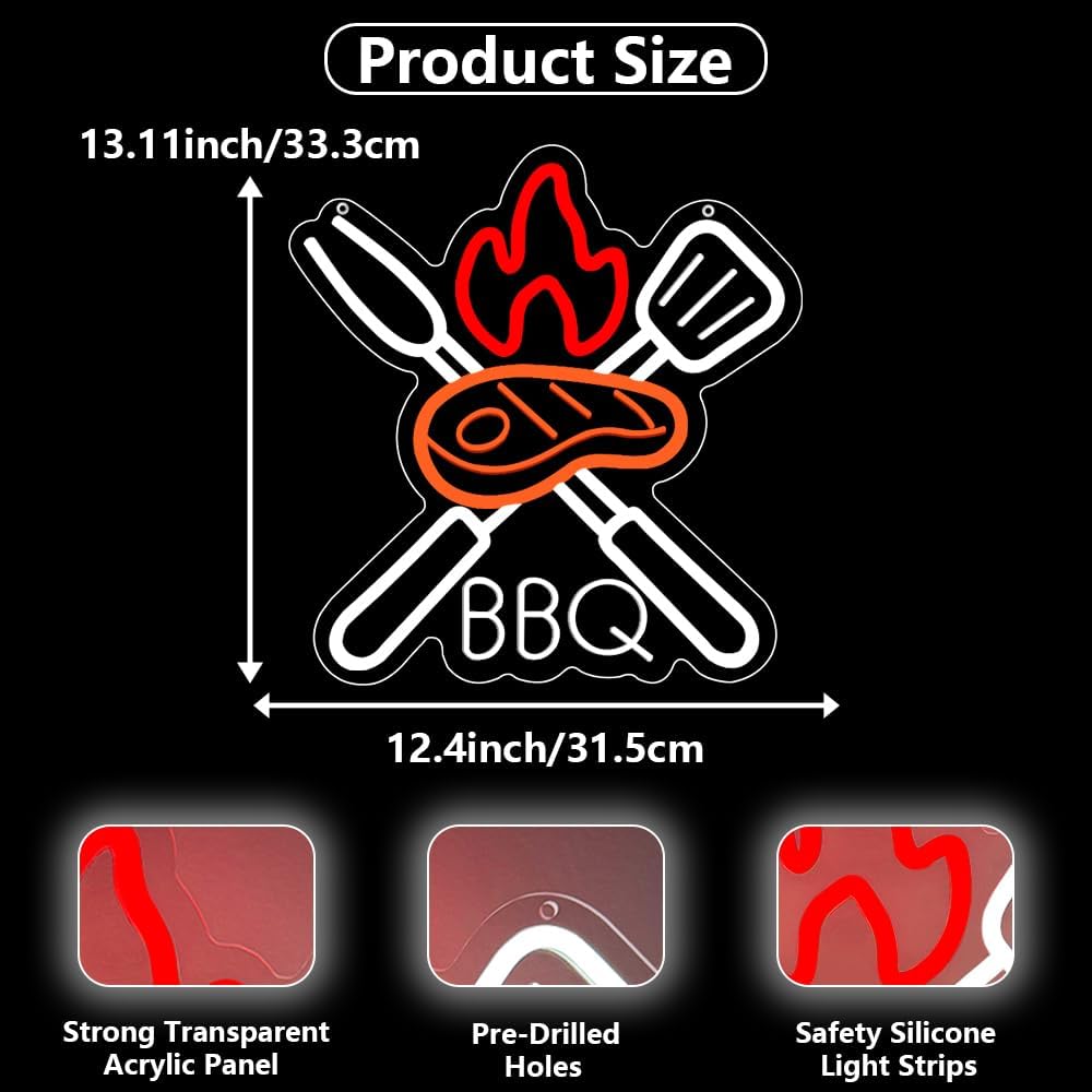 BBQ Neon Signs for Wall Decor,Adjustable Brightness Grill LED Sign for BBQ Party Decorations,Neon Lights Sign for Barbecue Restaurant,BBQ Signs for Outside,Home, Bar, Party,Christmas Gift