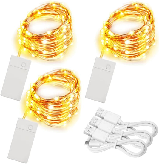 3 Pack Rechargeable String Fairy Lights 10ft 30 LED, 4 Modes Copper Wire Christmas Starry Lighting, Waterproof Micro Firefly Moon Light, Warm White, Battery and USB Cable Included