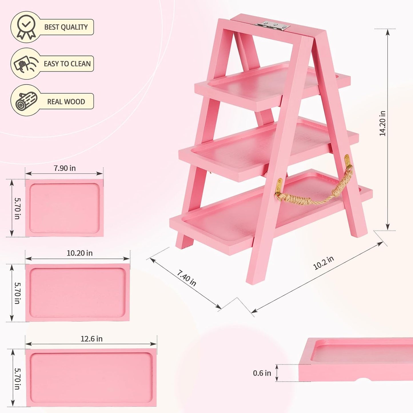Wooden Cupcake Stand, 3 Tier Cupcake Display Stand for Dessert Display, Dessert Stands with Serving Tray and Foldable Stand for Party, Birthday, Wedding, Events, Baby Shower (Pink)