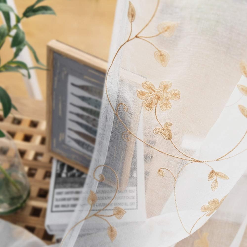 Floral Embroidery Gold Sheer Curtains 84 Inches Long, Rod Pocket Sheer Drapes for Living room, Bedroom, 2 Panels, 52"x84", Semi Crinkle Voile Window Treatments for Yard, Patio, Villa, Parlor.