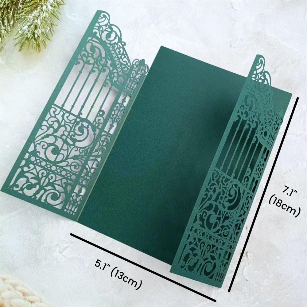 MillaSaw Dark Green Laser Cut Gate Invitation Sleeve DIY Wedding Invitation 25 Sets (dark green, 4.9"x7.1")