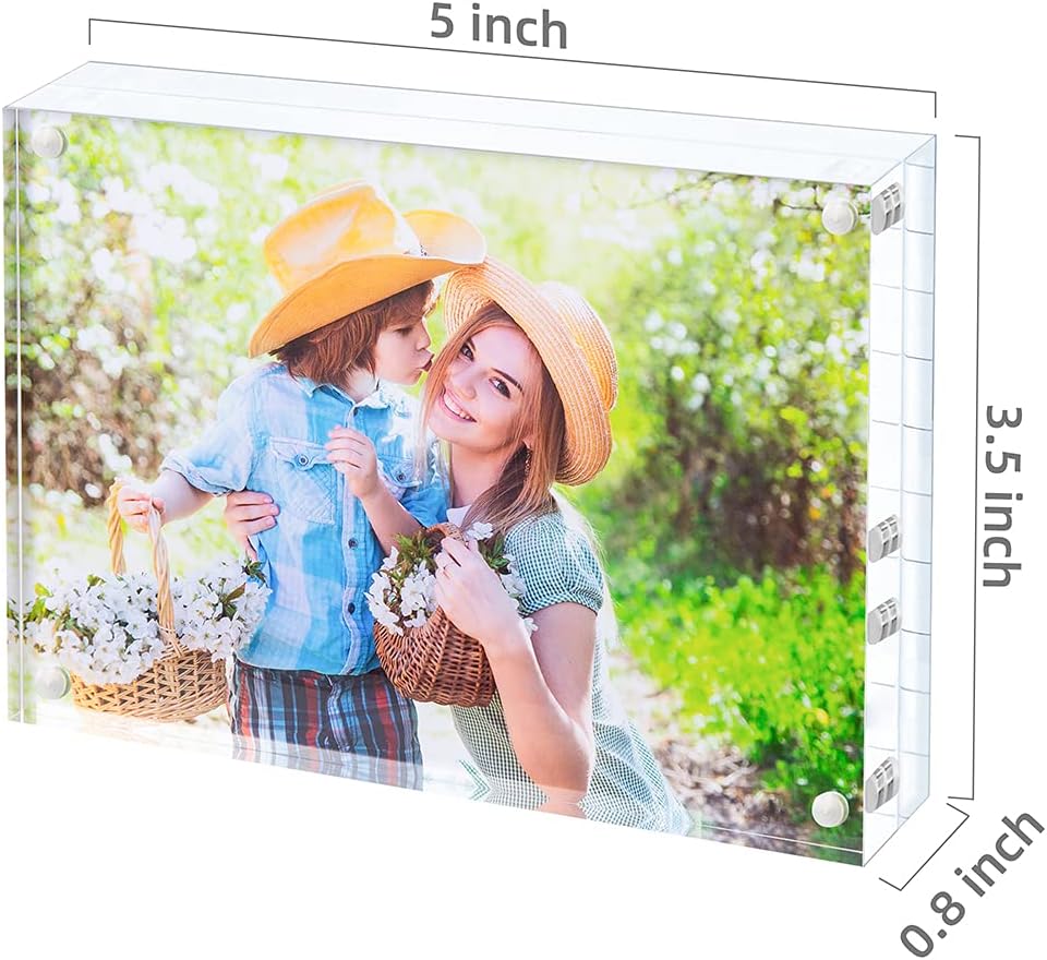 KIURENGT Bloberey Acrylic Picture Frame, Clear Freestanding Double Sided 20mm Thickness Frameless Magnetic Photo Frames Desktop Display with Gift Box Package (3.5x5 2 pack)